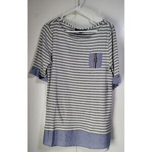 Tommy Hilfiger Women's SZ LG Striped Chambray White Gray Blue Shirt Top Preppy